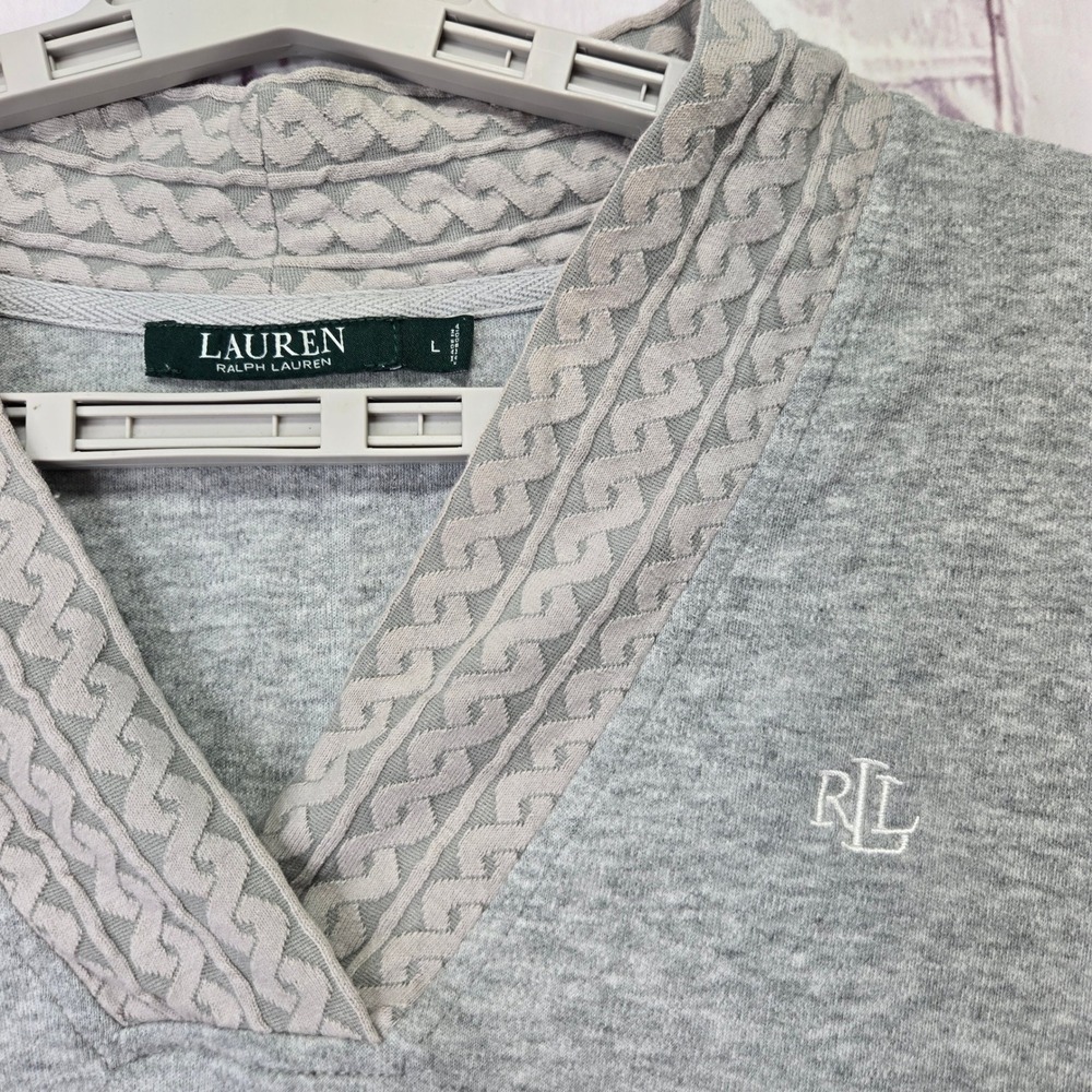 Lauren Ralph‎ Lauren Womens Gray V-Neck Long Sleeve Top Cable Knit Trim Sz Large